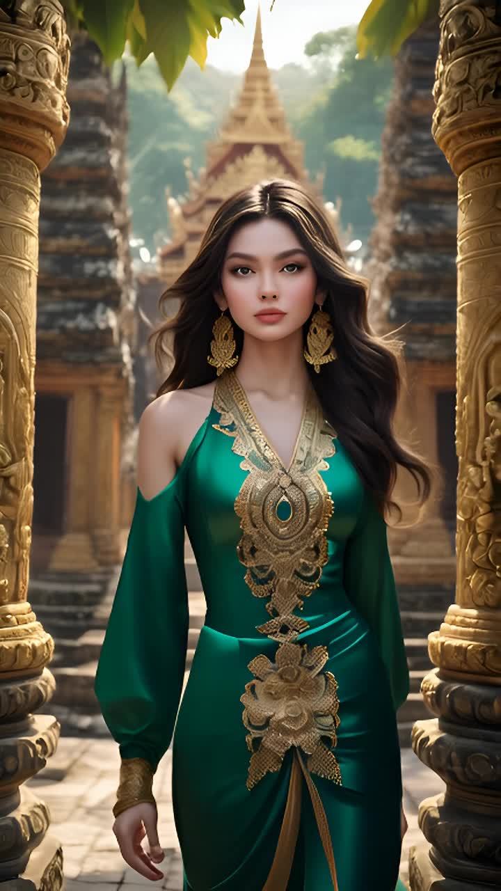 一位女性站在两排金色柱子之间，背景是一座金色结构的