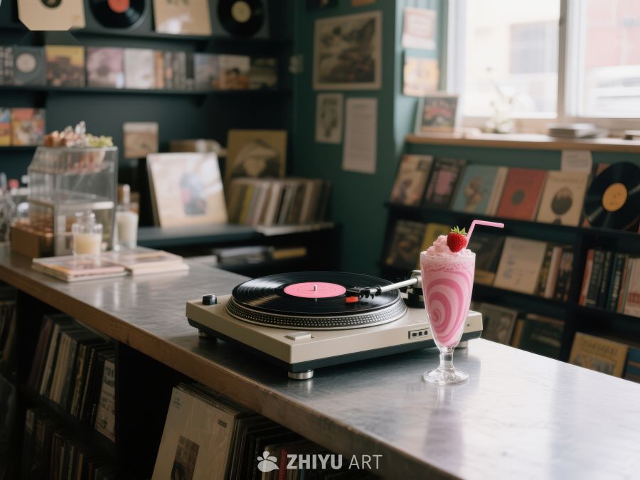 黑胶唱片与粉色奶昔的复古角落 168