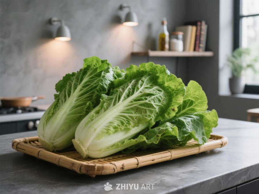 新鲜生菜置于竹篮厨房台面 525
