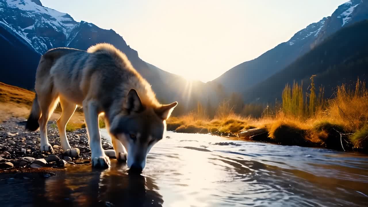 一只灰狼正在山沟里的小溪边饮水。狼位于前景，阳光从山后透出一线。摄像机位于狼的前方，进行静态拍摄：一只灰狼在小溪边饮水，背景是透过山脉的阳光。摄像机置于狼前方，捕捉其特写镜头。