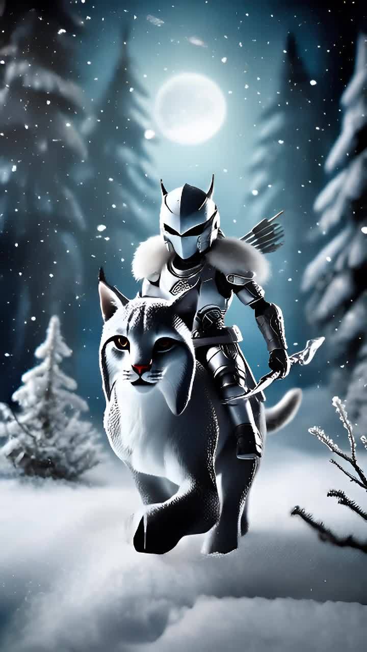 雪地中的森林里，一个身穿光滑银色铠甲的微型守护者正