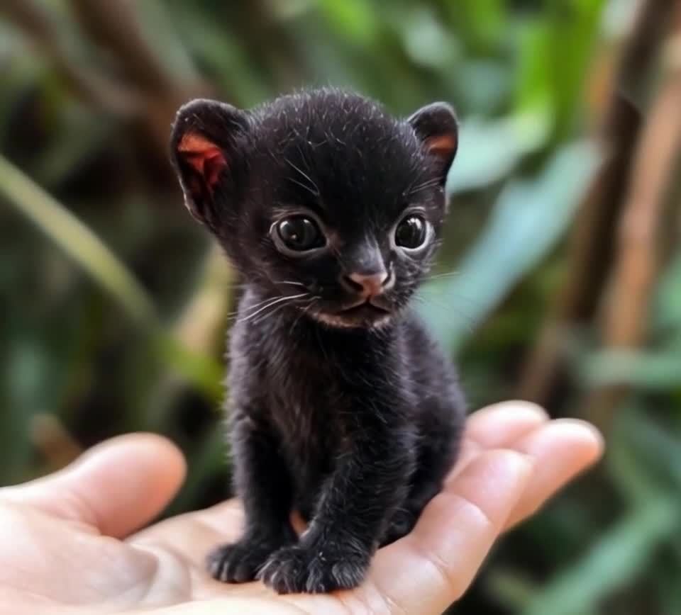 黑猫幼崽静坐手掌，背景模糊绿色植物。