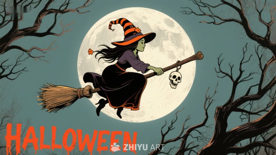 万圣节女巫骑扫帚飞过满月