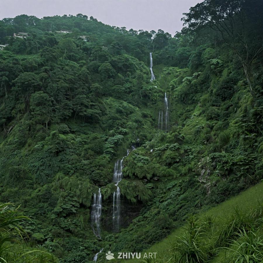 茂盛的绿色山坡上，瀑布从顶端倾泻而下。瀑布周围环绕
