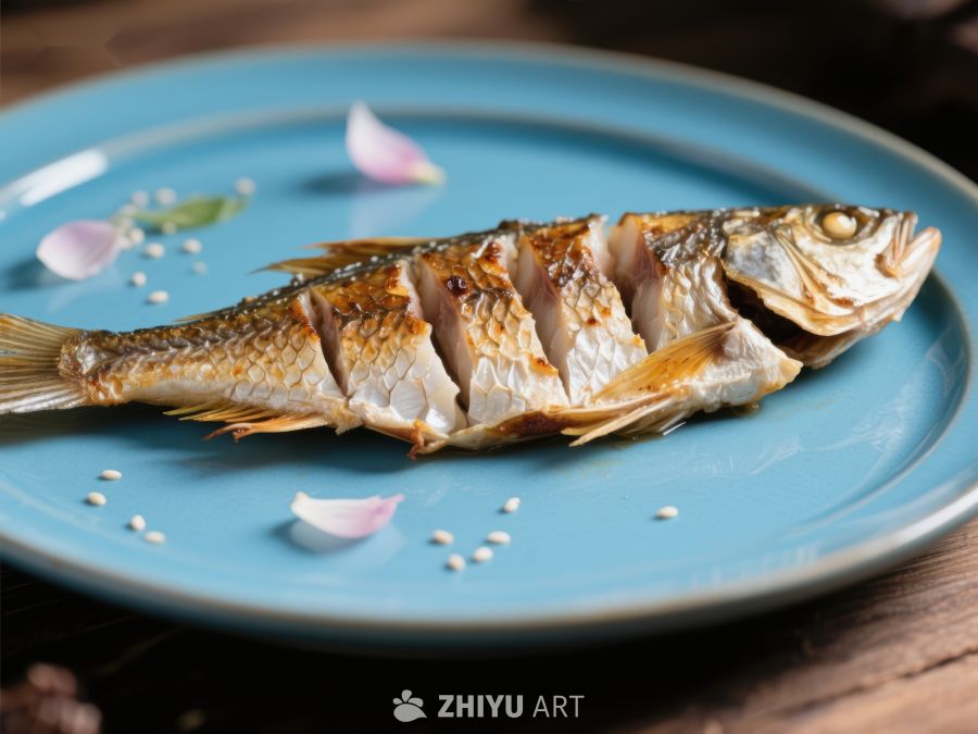 烤鱼摆盘，精致美食