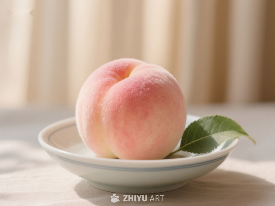 盘中新鲜桃子与绿叶 322