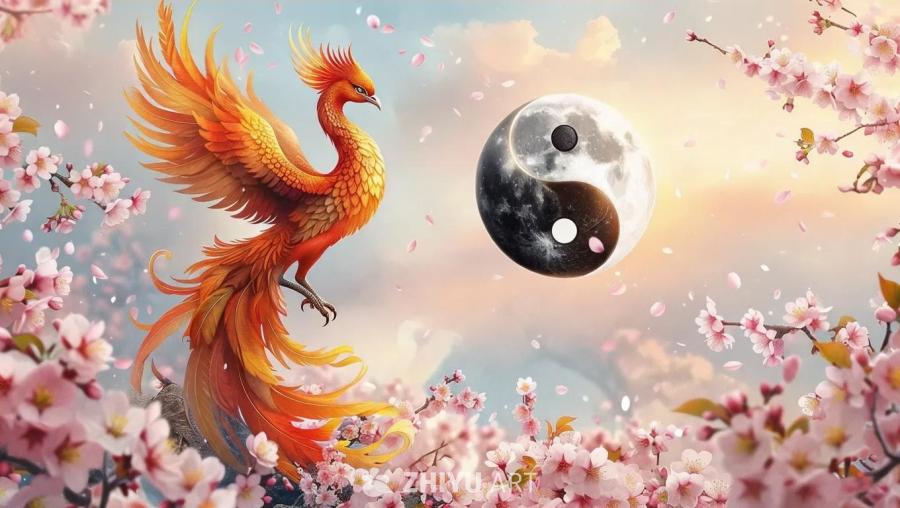一只凤凰，带着火焰般的羽毛，周围环绕着各种自然元素