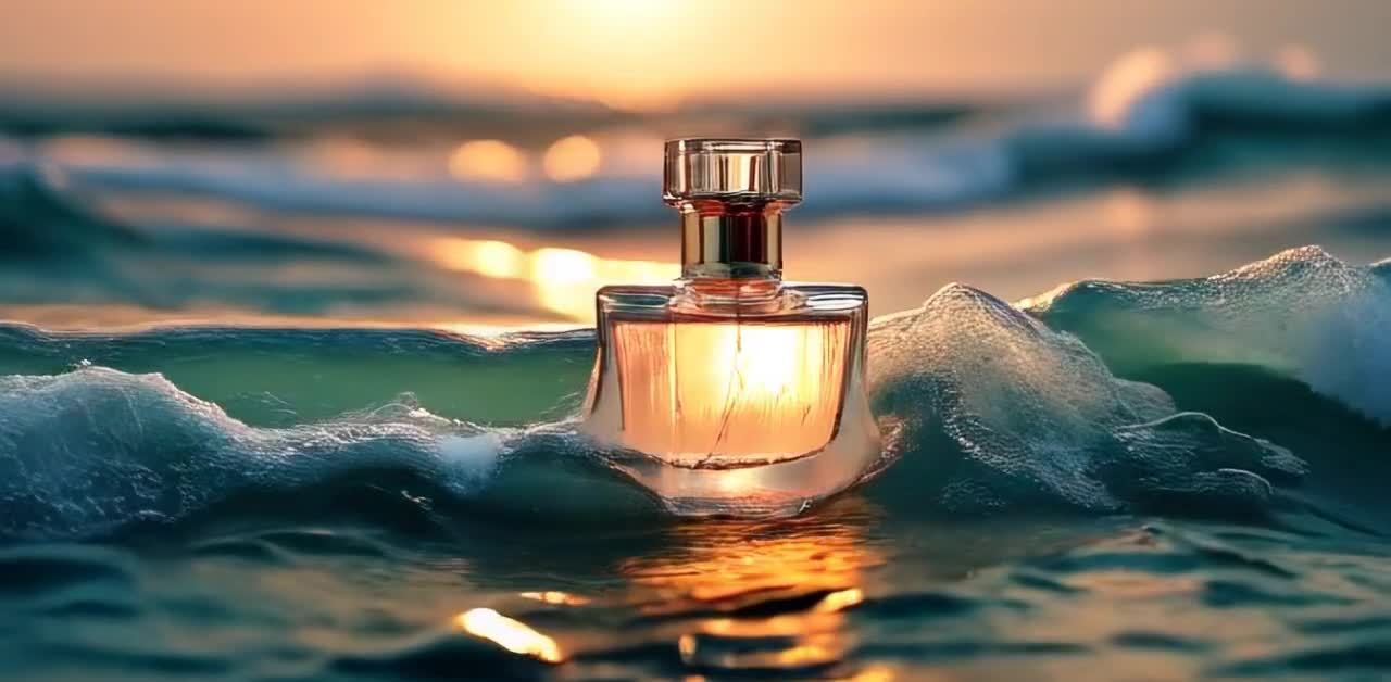 一只香水瓶矗立在海浪之中，瓶身呈透明的四方形，瓶盖