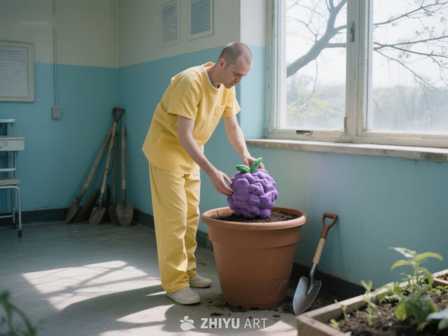 男子在室内为大型紫色植物浇水 301