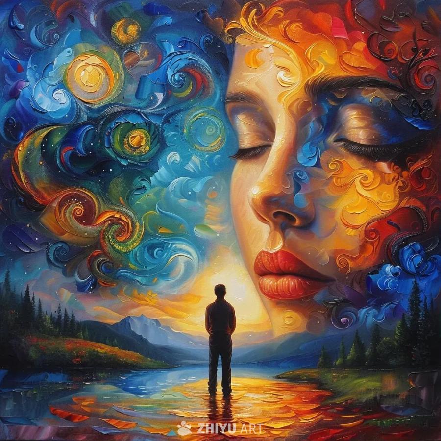 一幅超现实主义的画作，画面中一个男人的背影站在水边