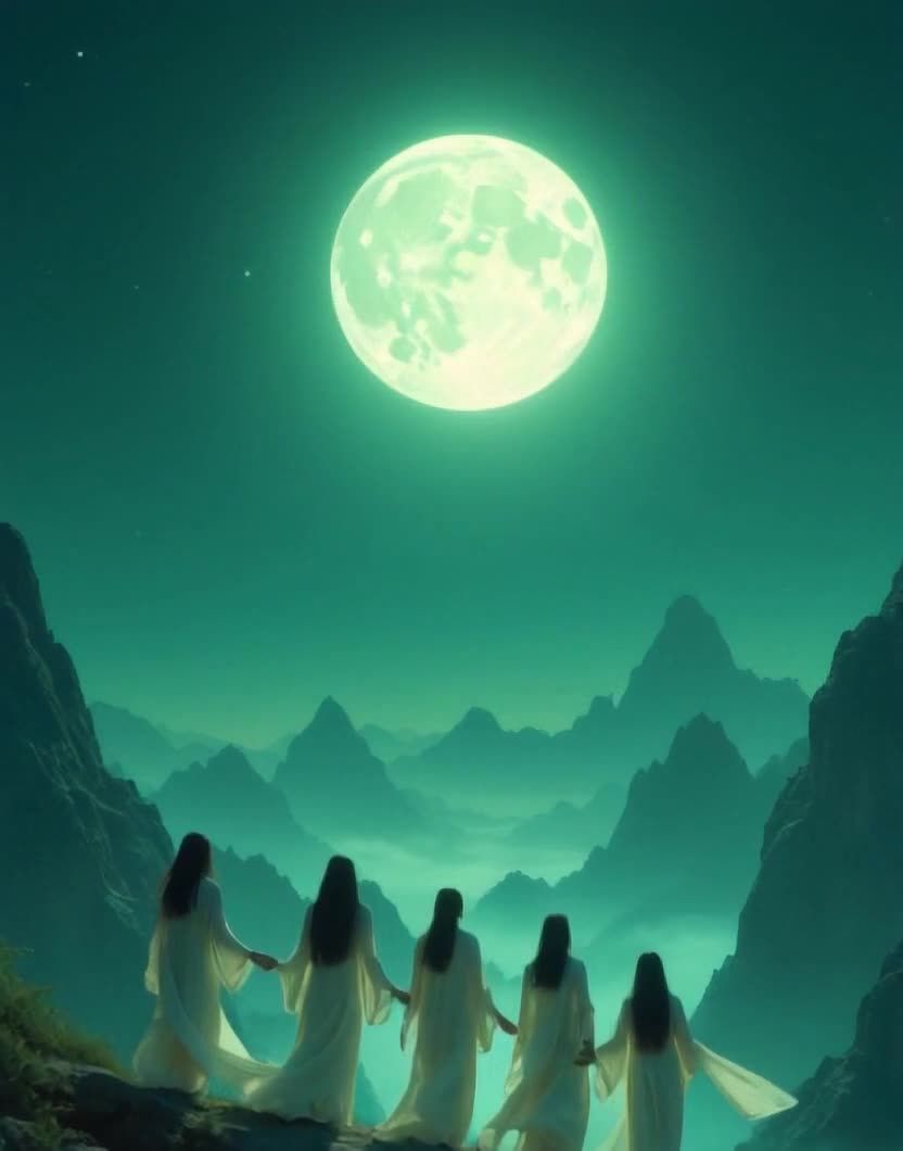 山顶白袍女子月夜祈福静谧山景