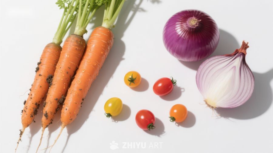 新鲜蔬菜组合：胡萝卜、洋葱与樱桃番茄