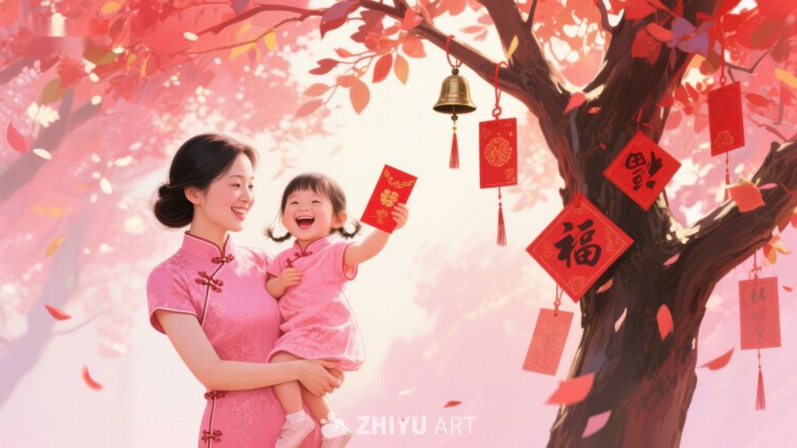 母女共庆新春，红包挂满枝头 670