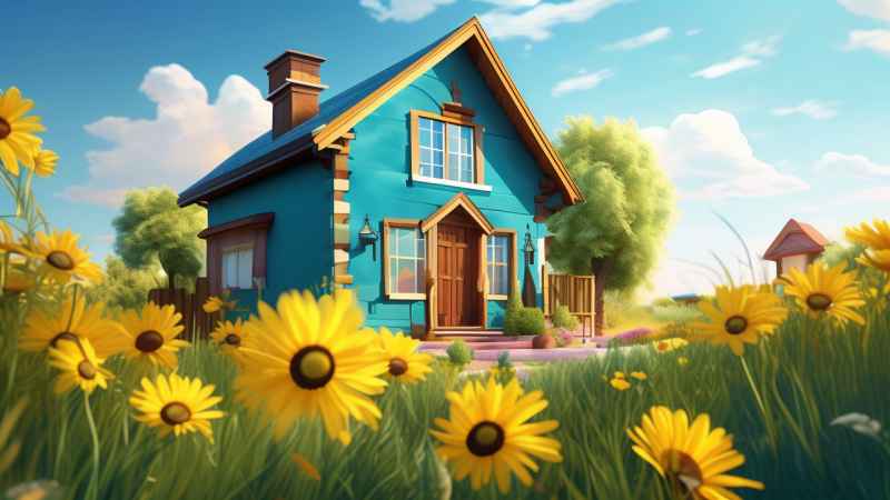 绿色田野里有黄色花朵的房子的水彩插图 17