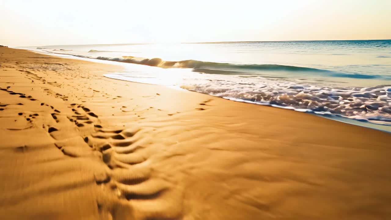 沙滩的海岸线，海浪轻轻地涌入，然后退回到沙滩上。相