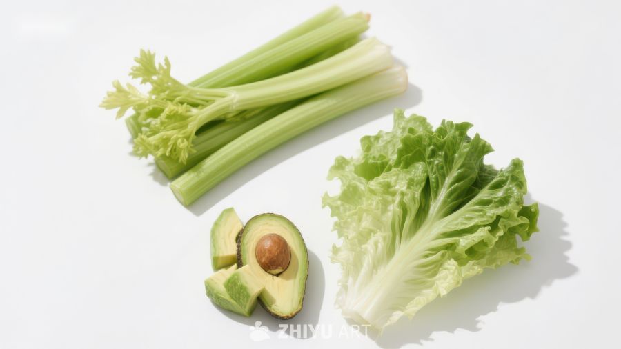 新鲜蔬菜组合：芹菜、生菜与牛油果