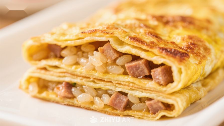 金黄煎饼卷米饭与肉块
