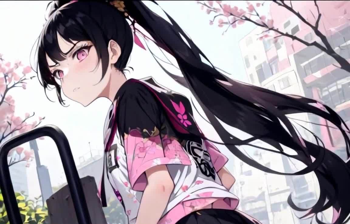 一个动漫风格的女性角色在画面中。她留着黑色的长发，
