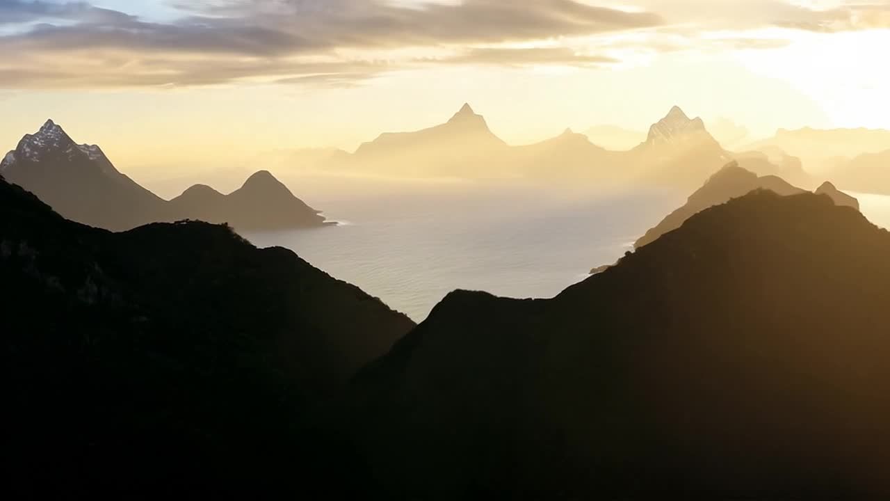 连绵起伏的山脉和广阔平静的海面。镜头从崎岖的山峰缓