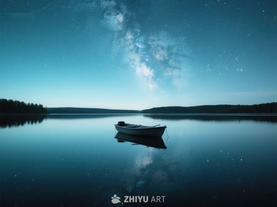 夜空下的静谧湖面与小船 347