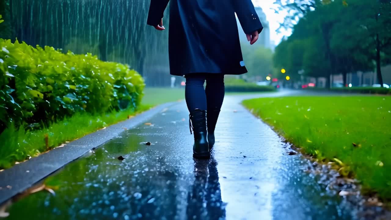 一个人穿着雨衣和靴子在公园里的小路上行走。雨水打湿