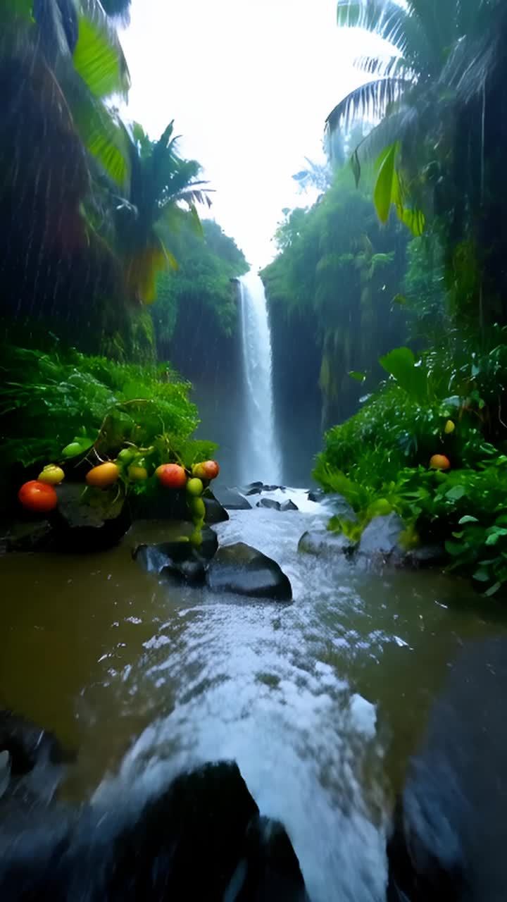 热带雨林中，倾盆大雨落下，雨水拍打在茂盛的绿色植物