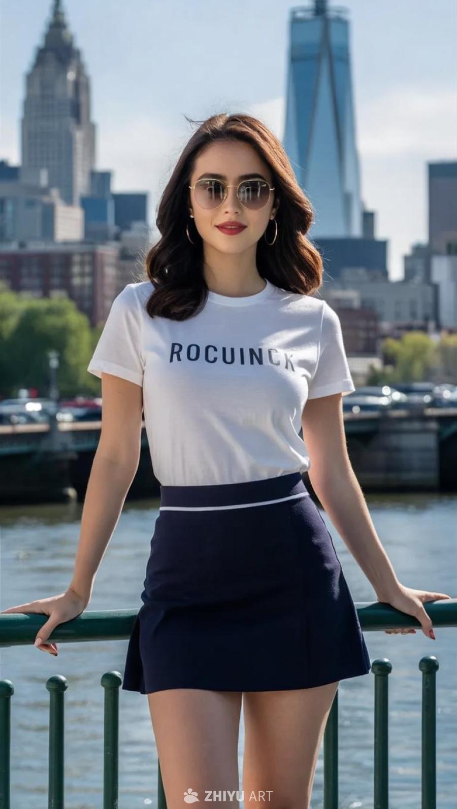 一个女子站在栏杆旁，穿着印有“ROCUINCK”字