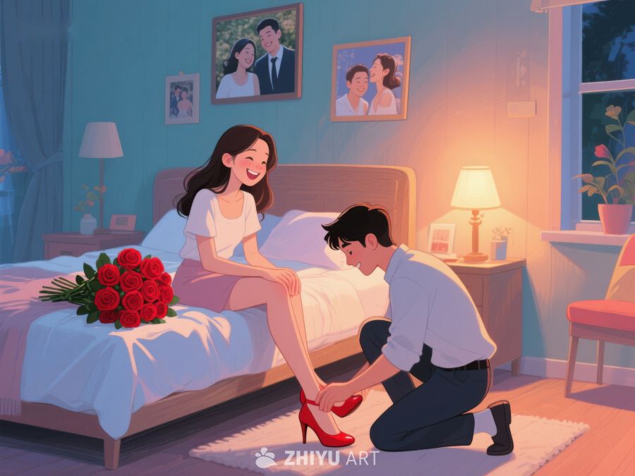 温馨夜晚，男子为女子穿鞋 830