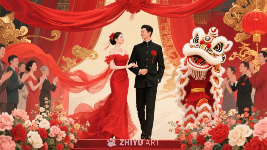 中式婚礼现场，新人与舞狮共庆 1262