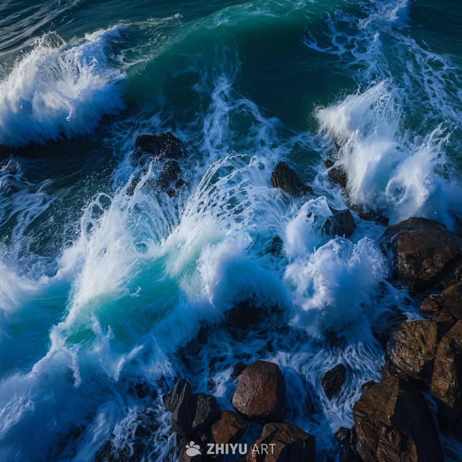 蓝色和绿色的海水冲击着岸边的岩石。海浪翻滚，形成迷