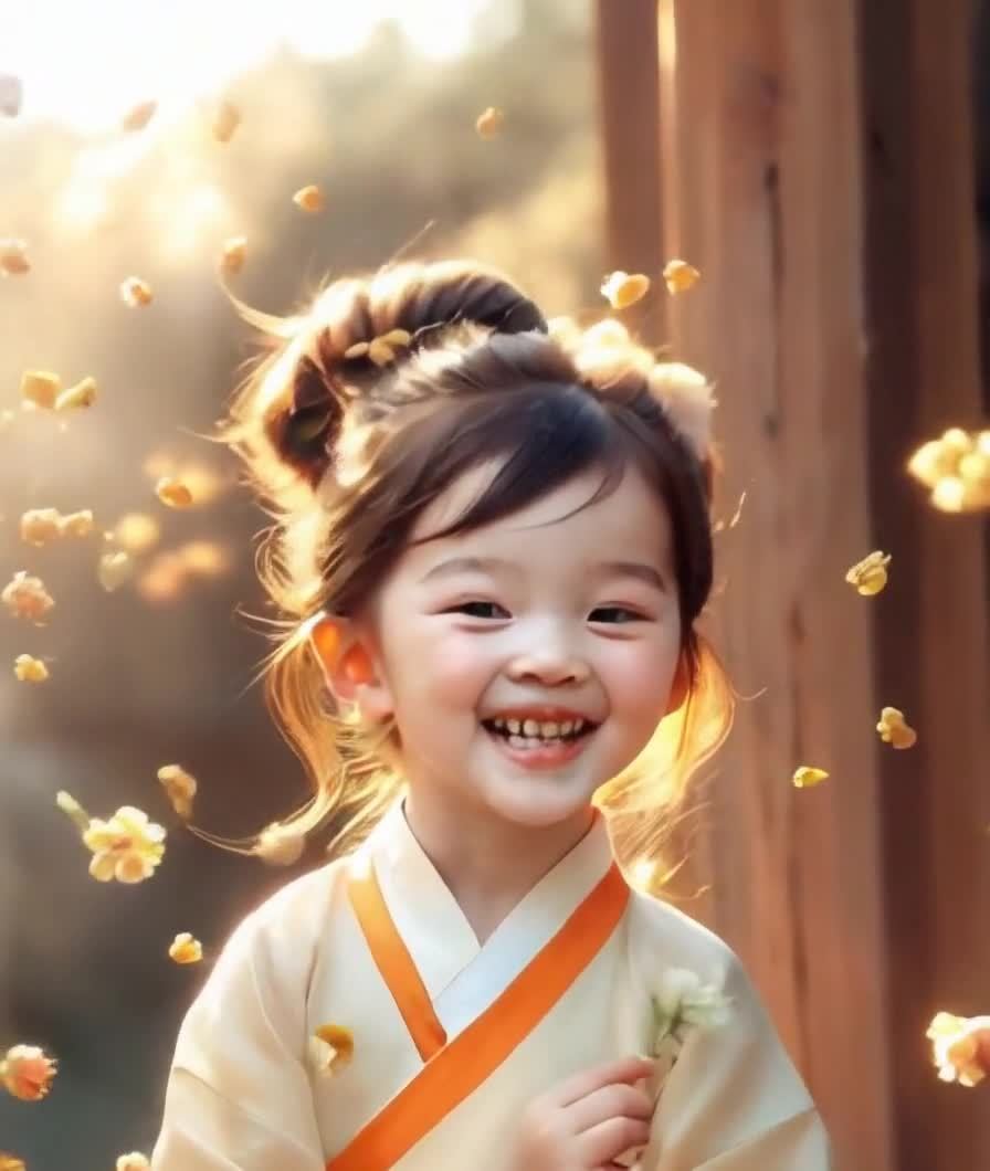 微笑女孩手持小花，周围飘落黄色花朵