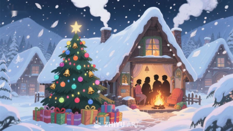 雪夜温馨圣诞树前的团聚 426