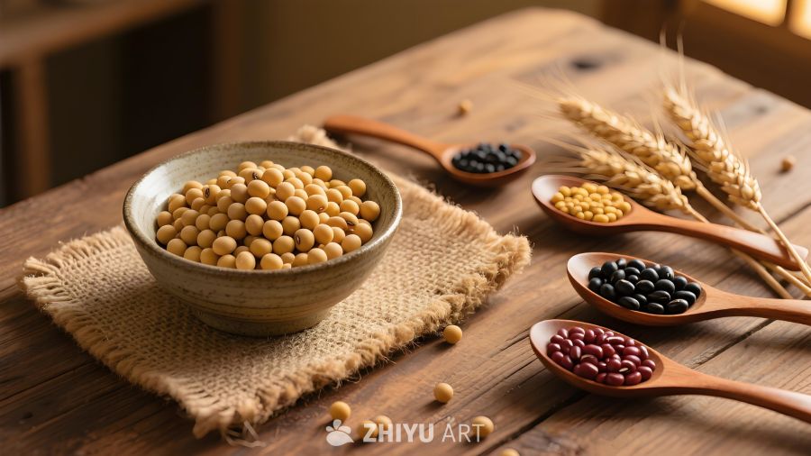 五谷丰登木桌上杂粮木桌铺粗麻布摆碗装黄豆配不同杂粮木勺麦穗