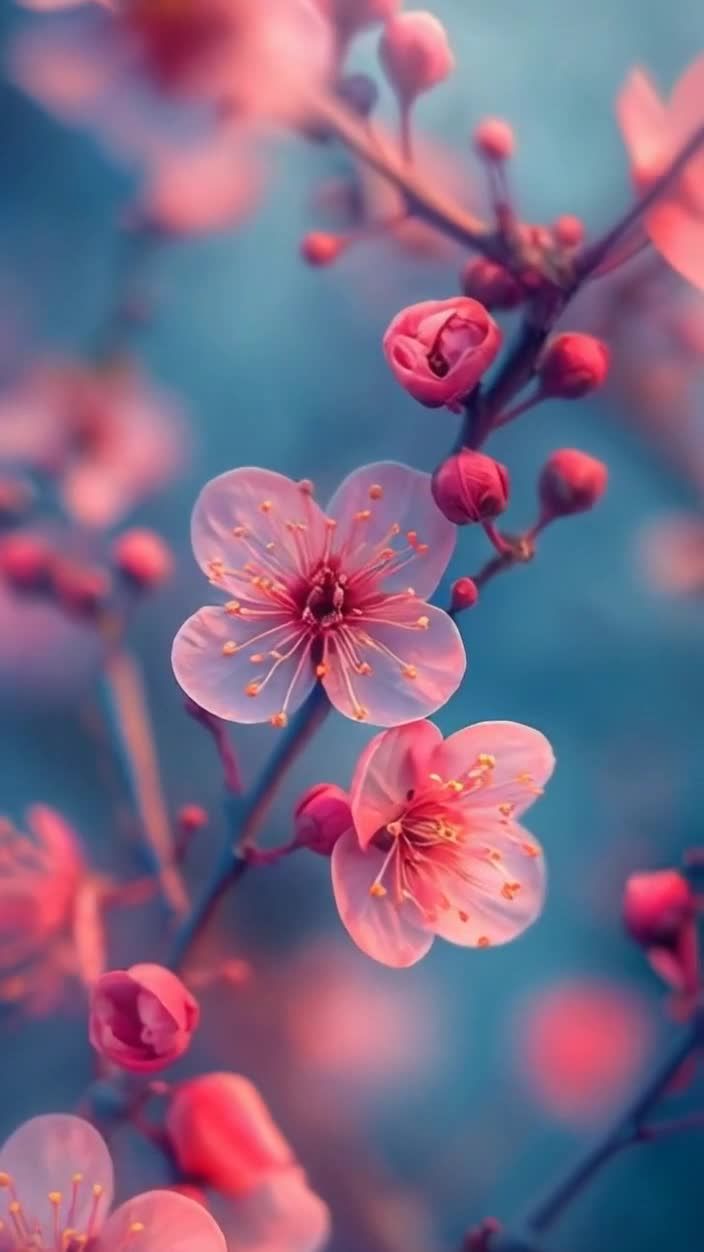 粉色樱花绽放枝头，背景蓝紫渐变，花朵细节细腻