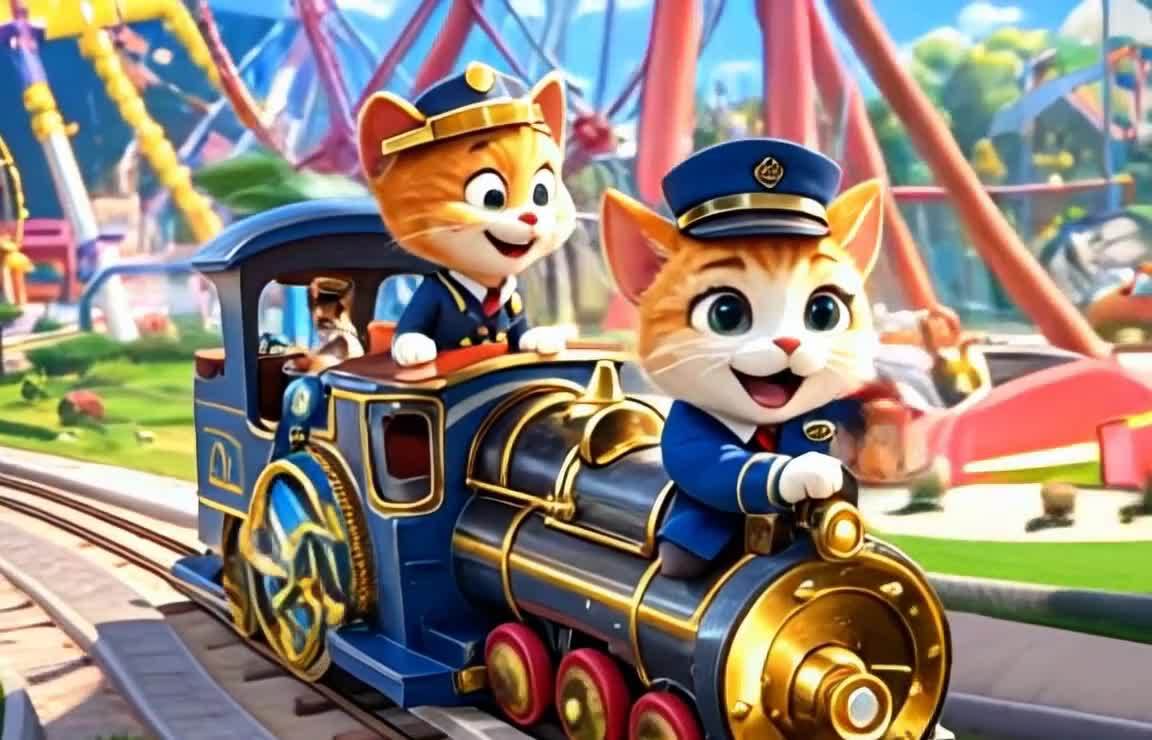 两只卡通猫咪驾驶着一辆蓝金相间的火车在铁轨上行驶，