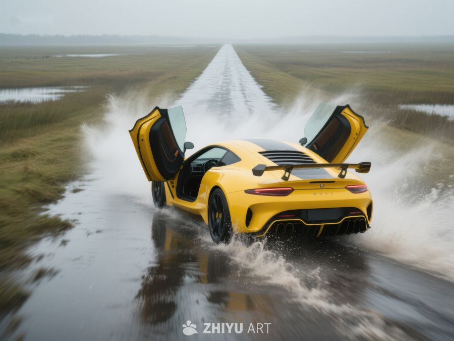 黄色跑车疾驰水面，激起水花 154