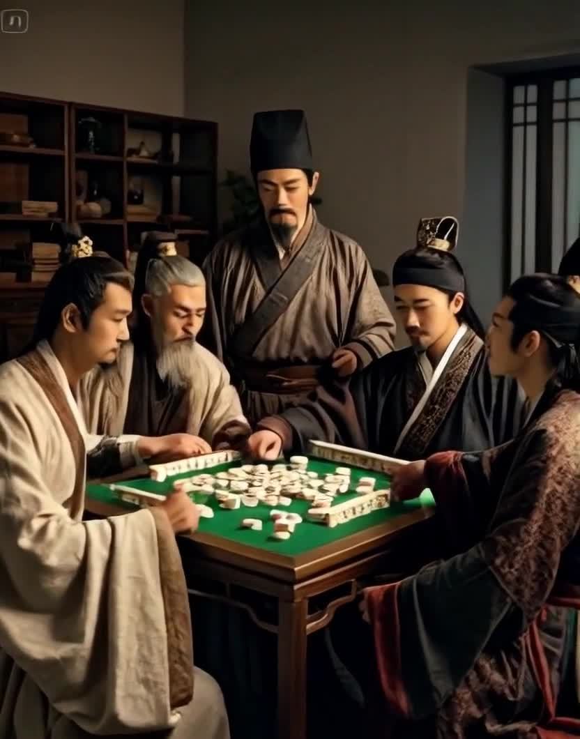 古装男子围坐玩麻将，官服男子旁观室内。