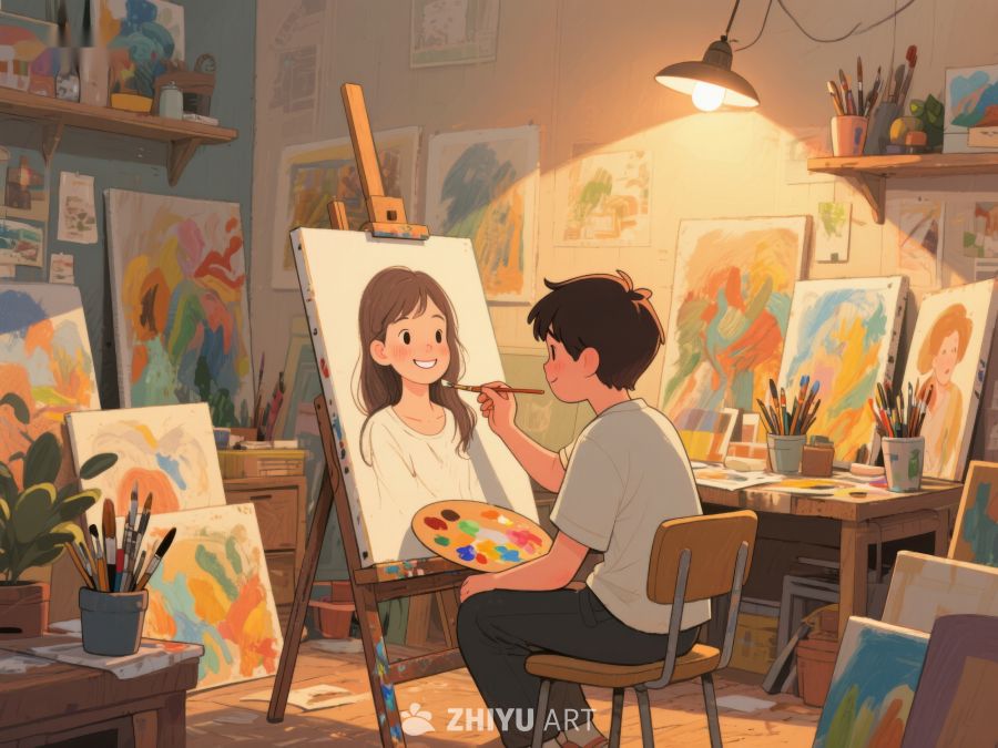 画家专注创作，画布上的微笑女孩 375