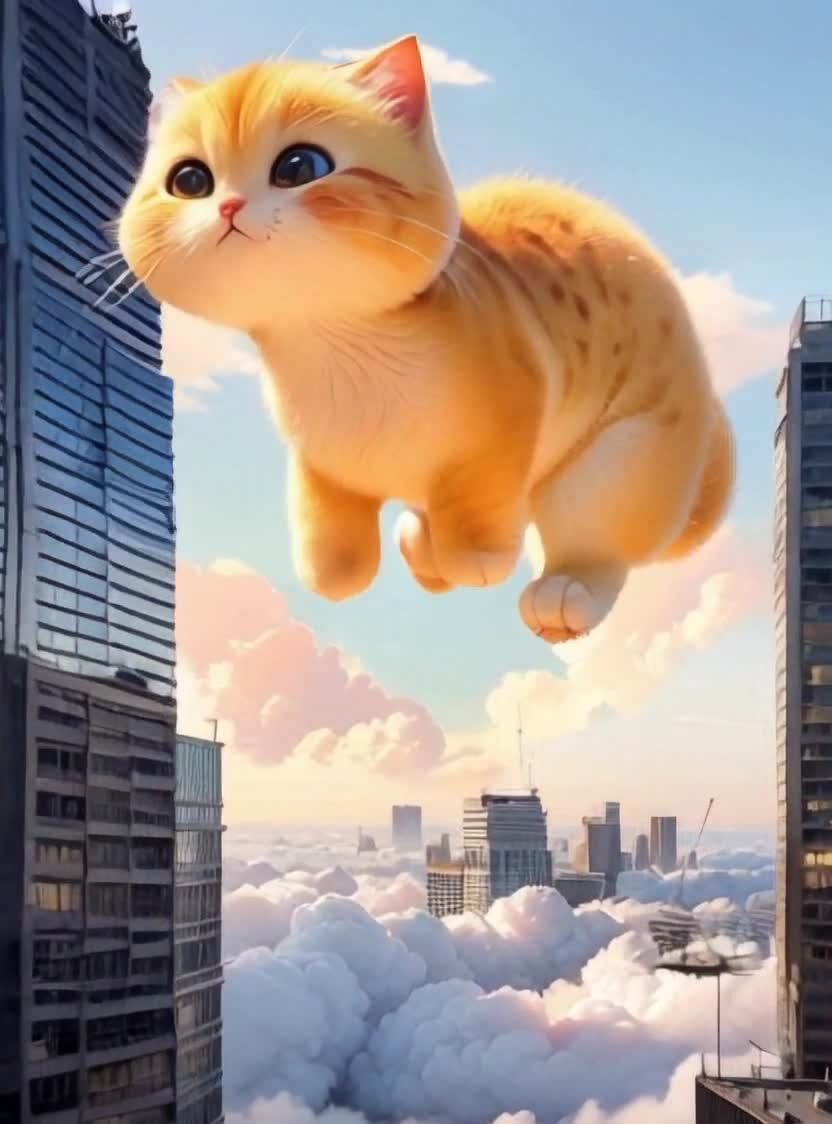 巨型卡通橘猫在城市上空漫步，阳光温暖照耀。