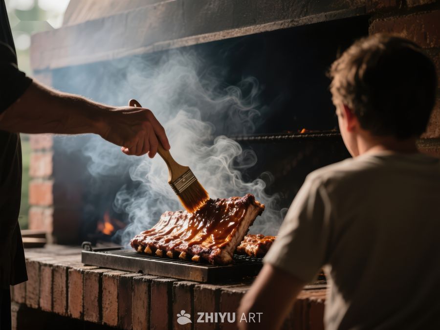烧烤架上涂抹酱料的美味肋排