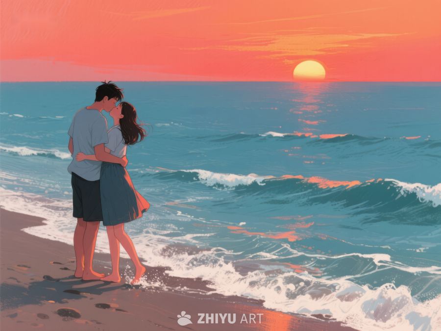 海边日落下的情侣拥抱 258