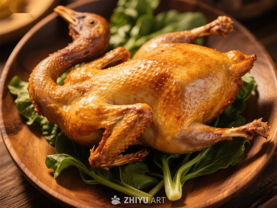 金黄烤鸡配绿叶蔬菜