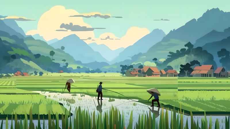 稻田和农作物中的农民绿色范例风格插画 21