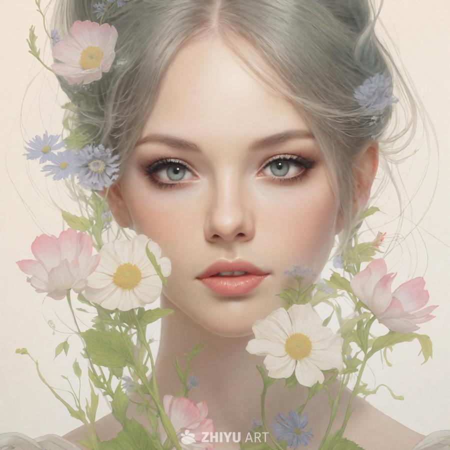 一个女孩的特写镜头，她的面部轮廓细致，周围装饰着花