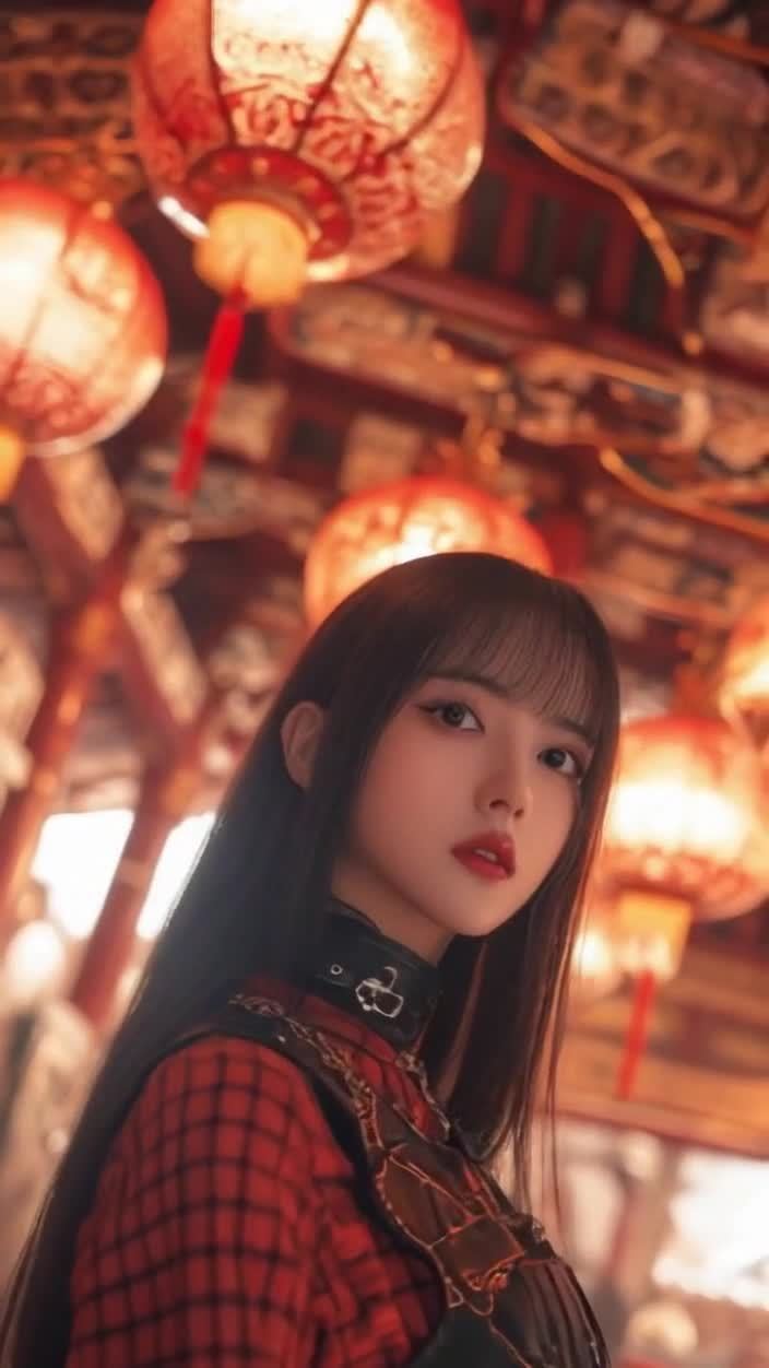 红衣红唇女子在古风红灯笼下凝视镜头