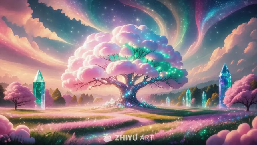 在梦幻般的棉花糖世界中，一片闪闪发光的草地，像覆盖