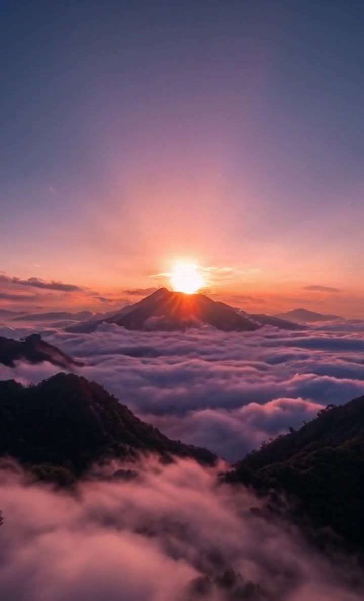 云海日出：山峰沐浴阳光，粉色云彩缭绕山间