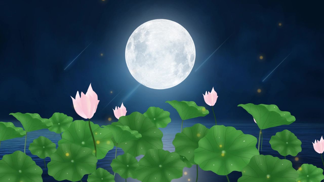 唯美大海上升月亮白月光蓝色夜空圆月明月大屏幕舞台LED视频  56