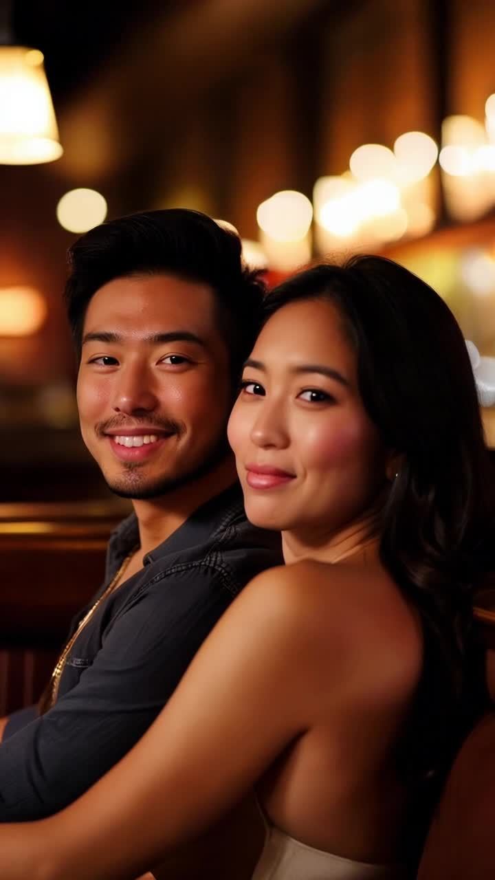 两个亚洲人，一男一女，坐在一个光线昏暗、背景音乐柔