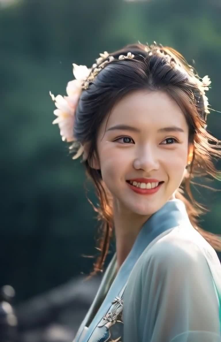 身着汉服的女子，头戴花饰，绿意盎然的背景。